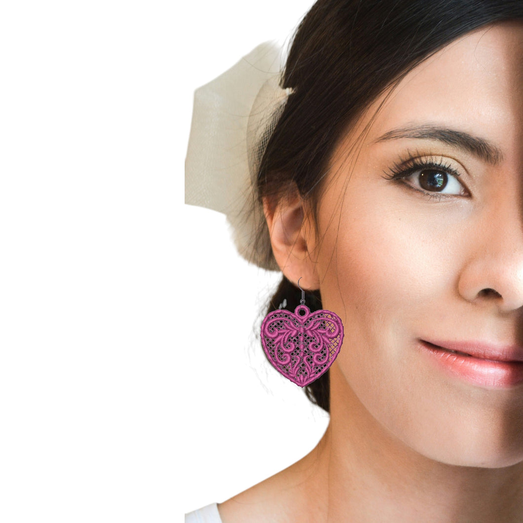 Pink Love Heart Lace Earrings