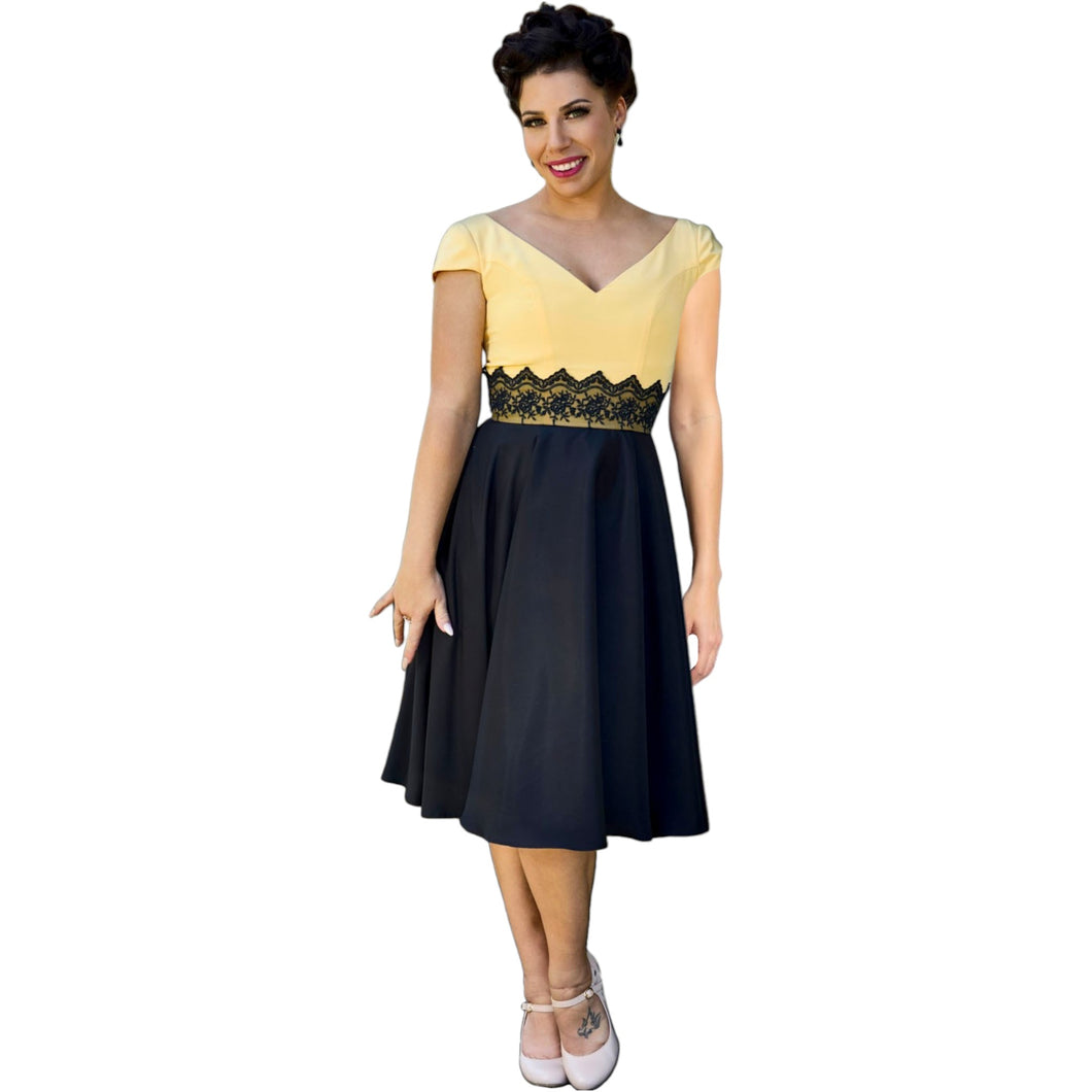 Daisy Yellow and Black Two Tone Formal Cocktail Dress with Capped Sleeves