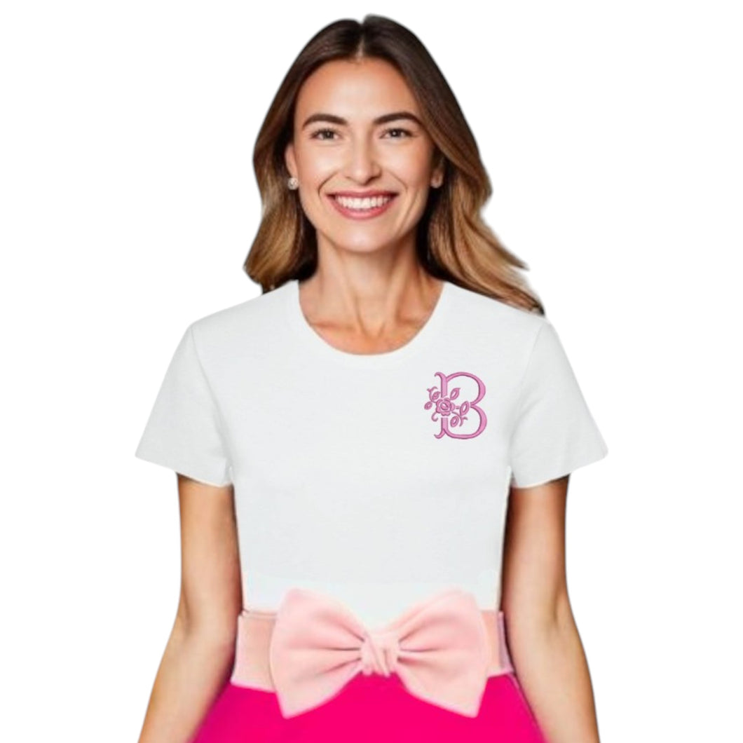 Barbie Inspired Antique Rose Letter Monogrammed Tshirt